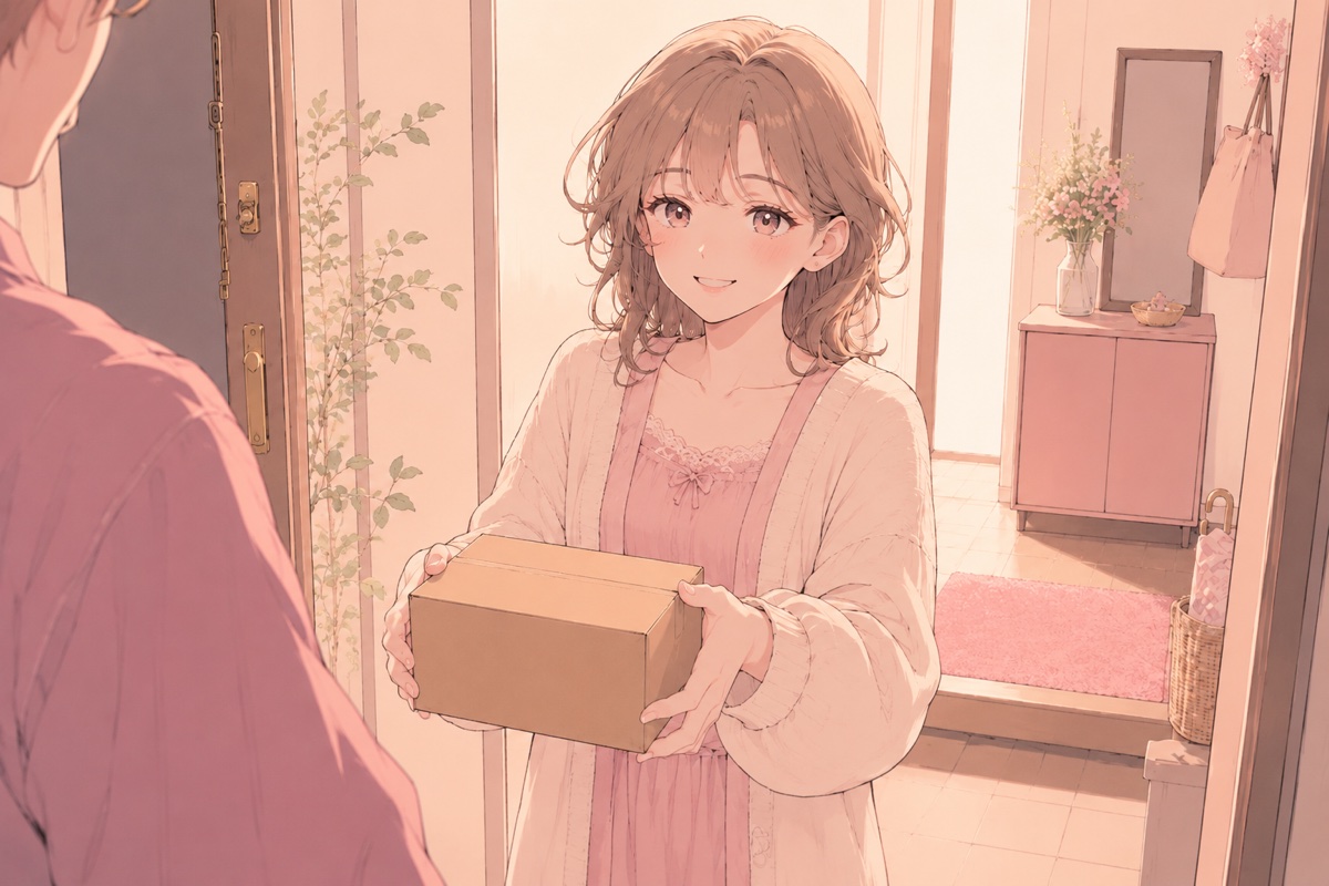 無地の梱包を受け取って安心する女性のイラスト